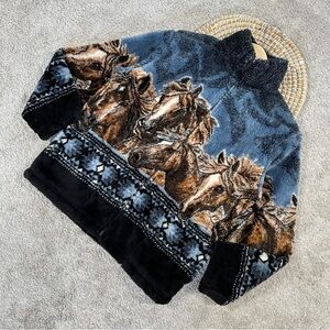 Mazmania Kids Vtg Horse Print Equestrian Fleece Jacket Full Zip High Neck XL